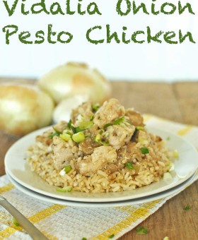 Vidalia Onion Pesto Chicken uses a uniquely southern flavor combination for a pesto that is mild and sweet for a healthy and easy 30 minute weeknight dinner. | BeckysBestBites.com